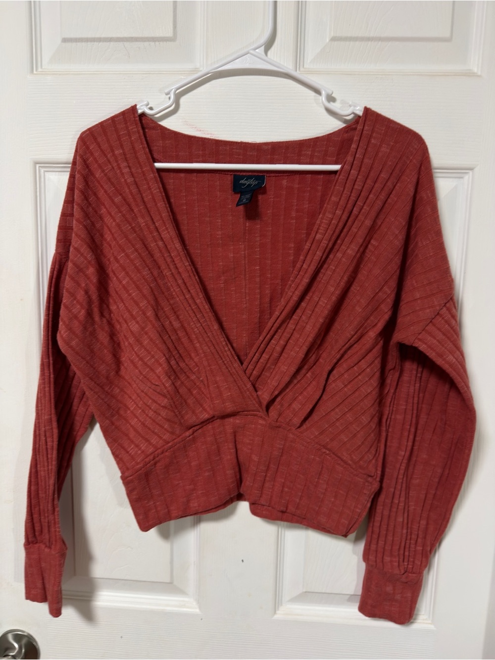 Daytrip Ribbed V-Neck Cropped Top in Terracotta